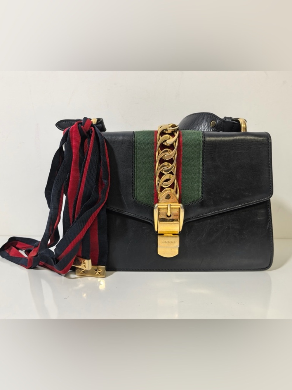 Gucci Black Leather Shoulder Bag with Green & Red Web and Gold Hardware